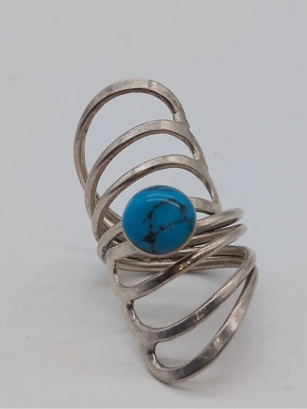 Turquoise Stone 925 Sterling Silver Spiral Bohemian Sz 6.25 Cocktail Ring 43mm